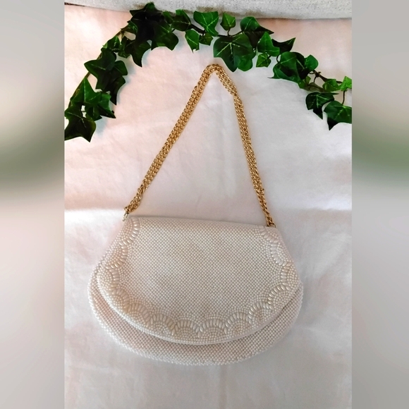 Handbags - Vintage Retro Satin White Beaded Gold Chain Strap Women's Bag